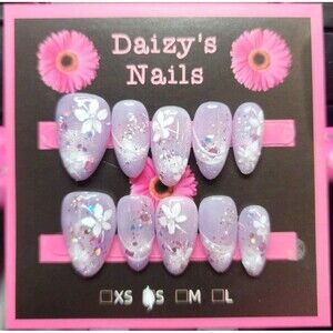 Small Size Purple Floral Glitter Press-on Nail Set Handmade Almond 2.0 Cm Length